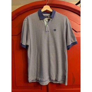 Izod Denim Blue Size Medium Striped Embroidered Logo Polo Shirt Top Short Sleeve